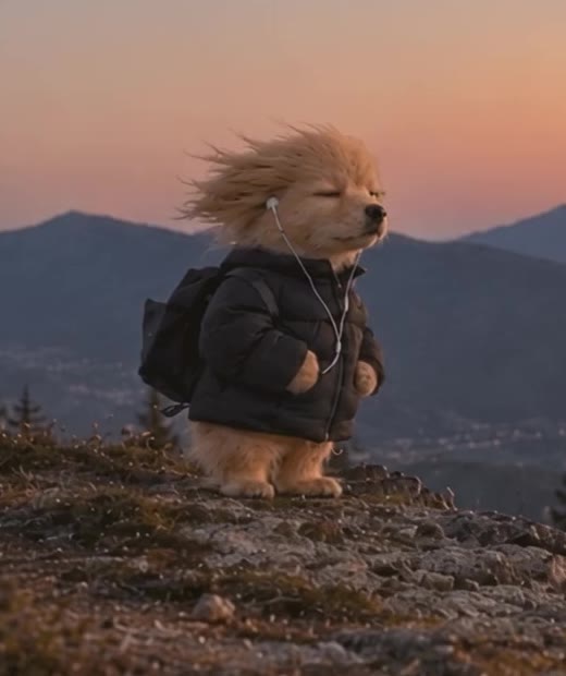 Eepy in his puffy jacket on a mountaintop, eyes closed